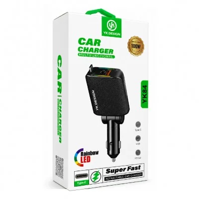 YK Design YK84 100W Makaralı Type-C Kablolu RGB Araç Şarj Başlığı