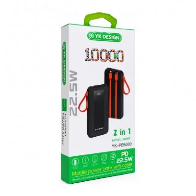 YK Design YK-PB5000 10000 mAh 22.5W 2 Kablolu LCD Göstergeli Powerbank