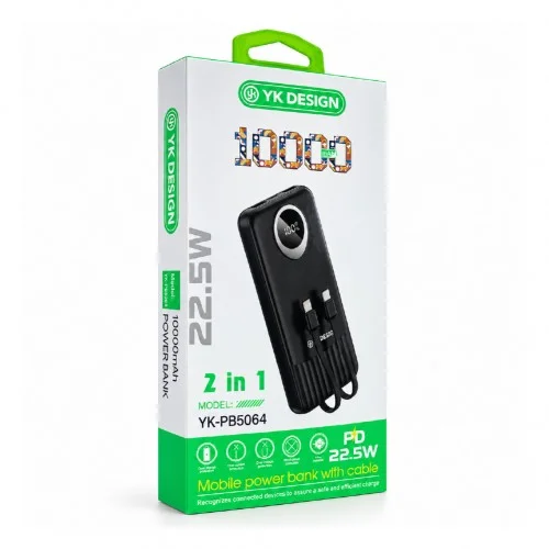 YK Design YK-PB5064 10000 mAh 22.5W | 2 Kablolu Lcd Göstergeli Powerbank