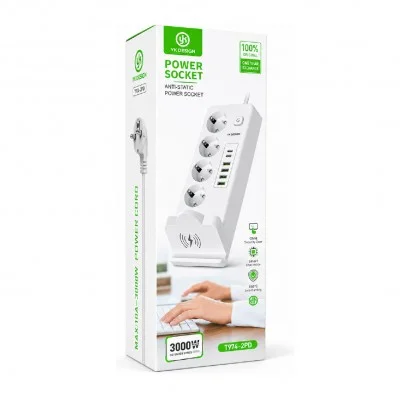 YK Design T974-2PD 4'lü Uzatma Kablosu | 4xUSB 2xPD | Kablosuz Şarj Özelliği