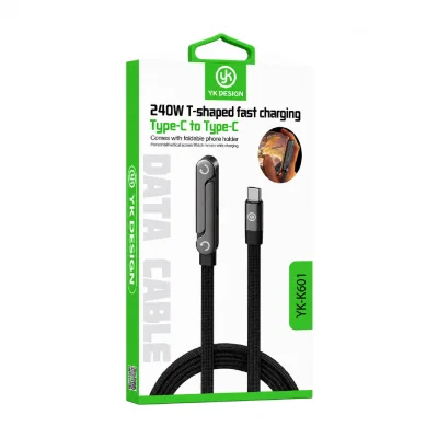 YK Design YK-K601 Type-C PD 240W Örgülü Yassı Data Şarj Kablosu | Stand Özellikli