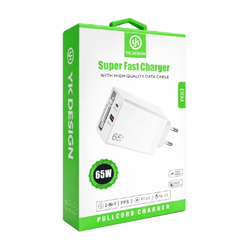 YK Design YK83 65W Makaralı Type-C Kablolu Turbo  Şarj Cihazı | 1xPD 1xUSB QC