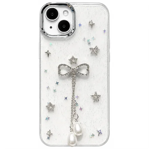 Fancy Iphone 16 Pro Fiyonklu Taşlı Şeffaf Kılıf | Sert Silikon