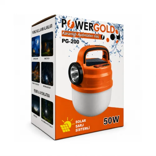 Powergold PG-200 Güneş Enerjili 50W LED Işıldaklı El Feneri | Su Geçirmez