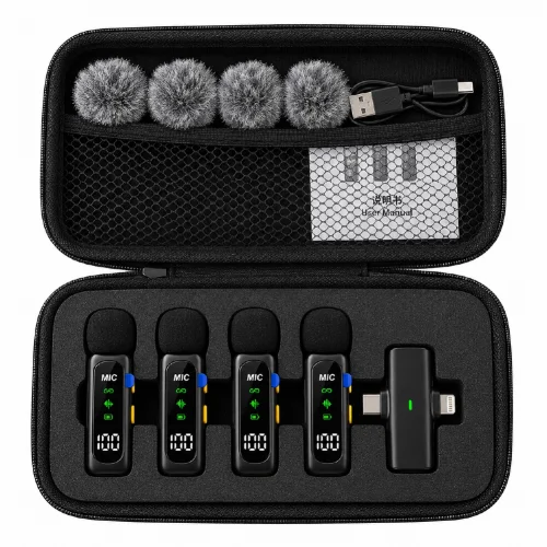 Paleon T90 Type-C | Lightning Girişli LCD Göstergeli 2.4G Kablosuz Dörtlü Yaka Mikrofonu