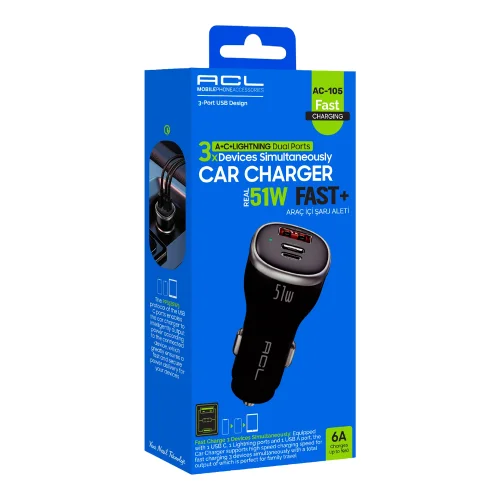 ACL Ac-105 51W 6A Hızlı Araç Şarj Başlık | 1x Usb 1x Pd 1x Lightning