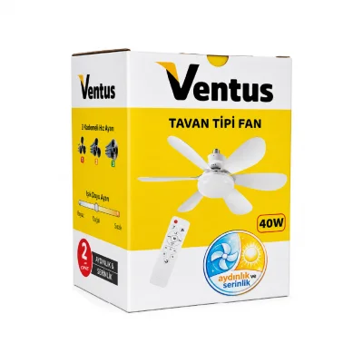 Ventus 6 Kanat Tavan Tipi 3 Kademeli Serinletici Fan | 3 Işık Tonlu Lamba 40W | Uzaktan Kumanda