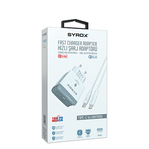 Syrox PD18L Type-C Başlık Giriş | Iphone Kablolu 18 W 3.0 Amper Pd Ev Şarj Aleti