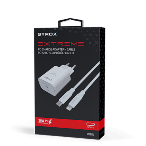 Syrox PD20L Type-C Başlık Giriş | Iphone Kablolu 20w 3.0 Amper Pd Ev Şarj Aleti