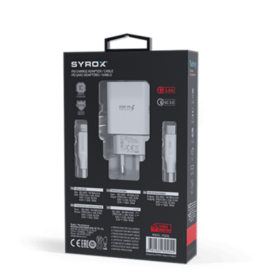 Syrox PD20L Type-C Başlık Giriş | Iphone Kablolu 20w 3.0 Amper Pd Ev Şarj Aleti