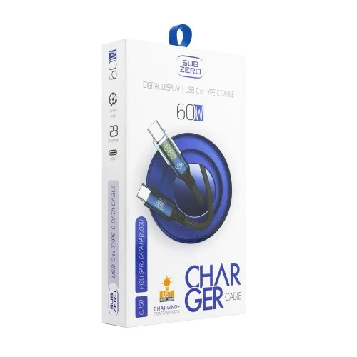 Subzero CL150 PD Type-C Örgülü 60W Hızlı Şarj Kablosu | Dijital Göstergeli