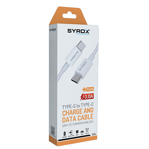 Syrox Syx-C94 Type-C To Type-C 3 Amper 1M Data ve Şarj Kablosu