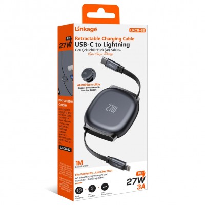 Linkage Lkcb62 27W 3A Makaralı PD Hızlı Şarj Kablosu | Type-C to Lightning | Aluminyum Gövde