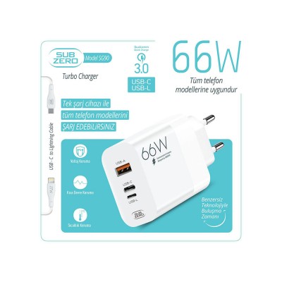 Subzero SG90 66W Usb|PD|Ligtning Girişli Turbo Şarj Aleti Subzero SG90 66W Usb|PD|Ligtning Girişli Turbo Şarj Aleti
