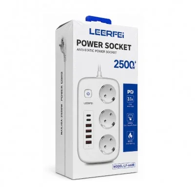 Leerfei LF-6688 3'lü Priz | 1.8m Uzatma Kablosu | 10A 2500W | 4xUSB 2xPD