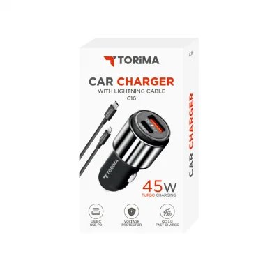 C16 USB | Type-C Çıkışlı Araç Şarjı | 45 Watt Turbo Şarj | Lightning Kablolu