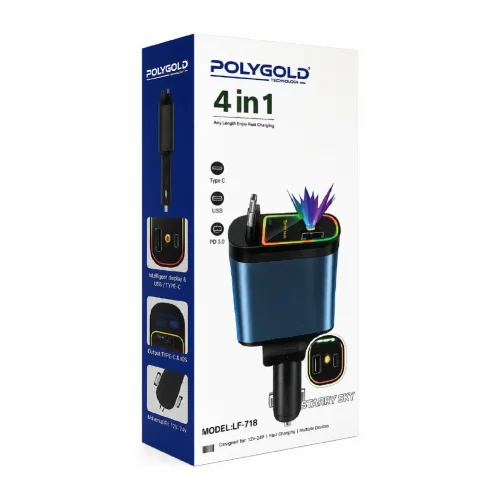 Polygold LF-718 PD Hızlı Araç Şarjı 66W | USB-A ve USB-C Soketi | 80cm Makaralı Type-C ve Lightning Kablo | Tavan Yıldız Yansıtma
