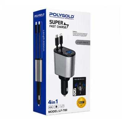 Polygold LF-780 LCD Göstergeli 120W Hızlı Araç Şarjı | USB-A ve USB-C Soketi | 80cm Makaralı Type-C ve Lightning Kablo