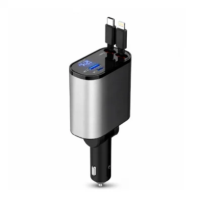 Polygold LF-780 LCD Göstergeli 120W Hızlı Araç Şarjı | USB-A ve USB-C Soketi | 80cm Makaralı Type-C ve Lightning Kablo