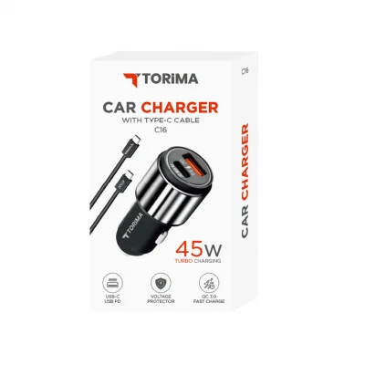 C16 USB | Type-C Çıkışlı Araç Şarjı | 45 Watt Turbo Şarj | Type-C Kablolu