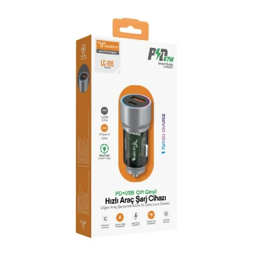 Lucatech Lc155 Pd | USB Girişli Oto Başlık | 67W Turbo Şarj | Mavi Ortam Işığı