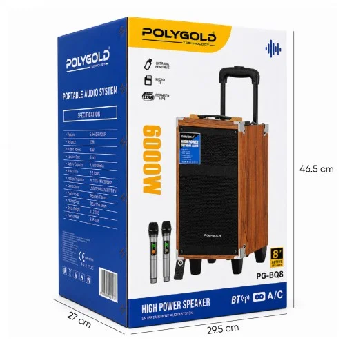 Polygold PG-BQ8 6000W Valiz Speaker 8'' | Kumanda | 2 x Kablosuz Mikrofon
