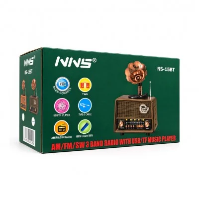 NNS Ns-15BT Nostaljik Gramofon Ahşap Radyo | TWS Bluetooth Speaker