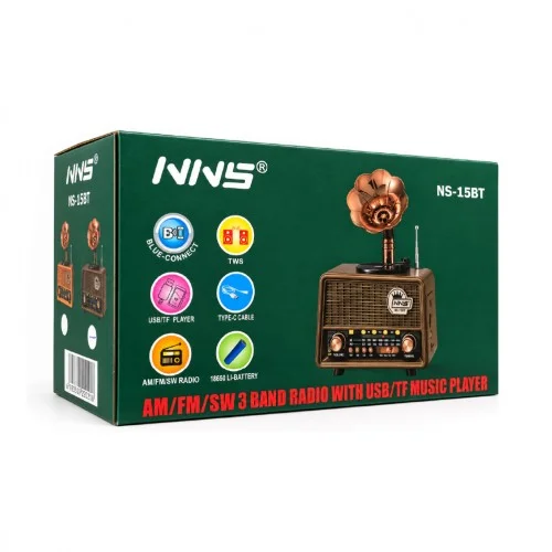 NNS Ns-15BT Nostaljik Gramofon Ahşap Radyo | TWS Bluetooth Speaker