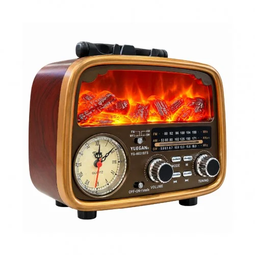 Yuegan YG-6031BTS Şömineli Bluetooth Speaker | FM AM SW Radyo | Analog Saat | Güneş Enerjili
