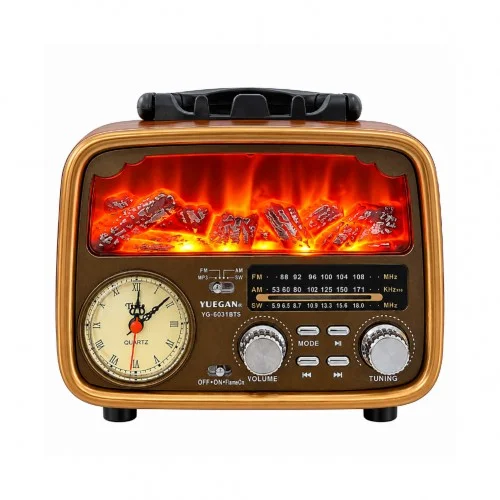 Yuegan YG-6031BTS Şömineli Bluetooth Speaker | FM AM SW Radyo | Analog Saat | Güneş Enerjili