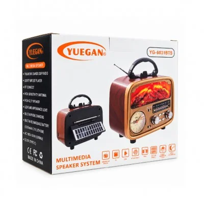 Yuegan YG-6031BTS Şömineli Bluetooth Speaker | FM AM SW Radyo | Analog Saat | Güneş Enerjili