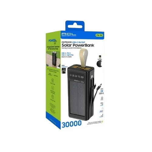 Acl PW-90 30000 mAh Güneş Enerjili Powerbank | 2li Kablolu | 4 x USB Çıkış | El Feneri