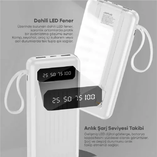 Jopus JP-P11 Urban Plus 20000 mAh Dijital Göstergeli Kablolu Powerbank | El Feneri