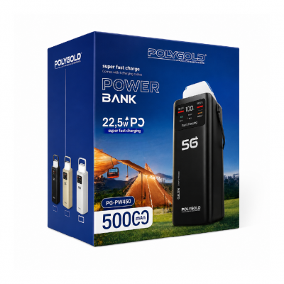 Polygold PG-PW450 50000 mAh 22.5W PD Powerbank | Kamp Işığı | Dahili Kablo | LCD Gösterge