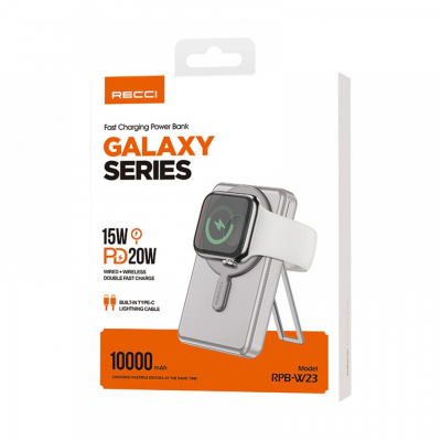 Recci RPB-W23 10000mAh Led Göstergeli Standlı 15WKablosuz Şarj Özellikli Type-C ve Lightning Kablolu Powerbank | PD 20W