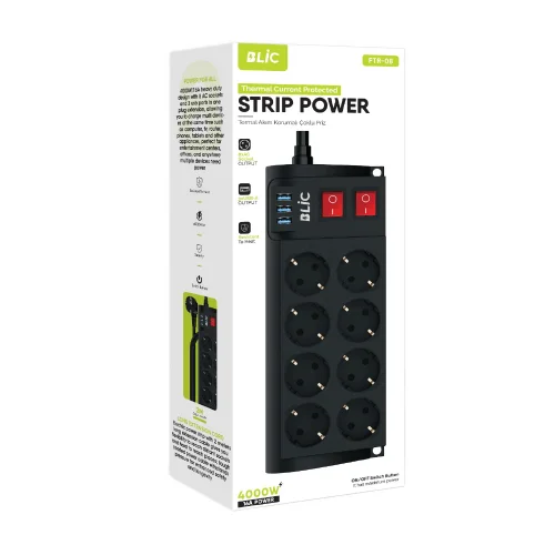 Blic FTR-08 Termal Akım Korumalı Priz | 8xPriz 3xUSB