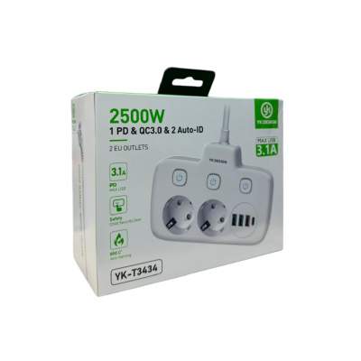 YK Design T3434 2'li Uzatma Kablosu | 3xUSB 1xPD | 150 cm