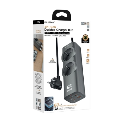 Fulltech FC54 6in1 GAN Masaüstü Priz | Şarj Cihazı | 1 x USB-A | 3 x USB-C | 2 x 220V