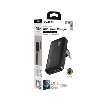 Fulltech FC69 45W GAN İnce Tip Hızlı Şarj Adaptörü | USB Çıkış | Type-C Çıkış