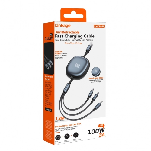 Linkage Lkcb65 100W 3A Makaralı 3in1 Hızlı Şarj Kablosu | Type-C - Lightning - Micro | Aluminyum Gövde Linkage Lkcb65 100W 3A Makaralı 3in1 Hızlı Şarj Kablosu | Type-C - Lightning - Micro | Aluminyum Gövde