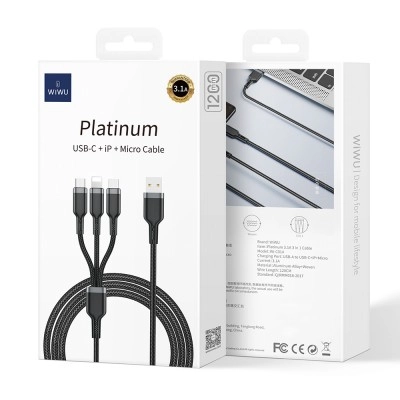 Wiwu Wi-C014 Platinum 3 in 1 USB-A to Lightning – Type-C – Micro Şarj ve Data Kablosu | 3.1A  1.2m