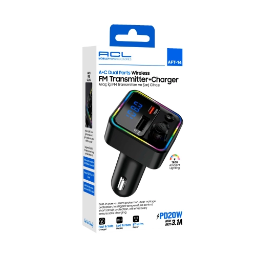 ACL AFT-14 RGB PD20W 3.1A Fm Transmitter | PD Hızlı Araç Şarjı ACL AFT-14 RGB PD20W 3.1A Fm Transmitter | PD Hızlı Araç Şarjı
