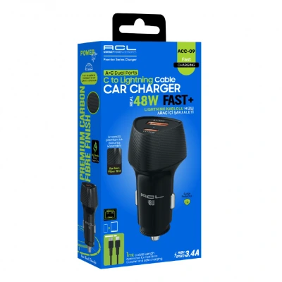 ACL ACC-09 PD Lightning Kablolu 48W 3.4A Hızlı Araç Şarjı | 18W USB-A Çıkış | 30W USB-C Çıkış