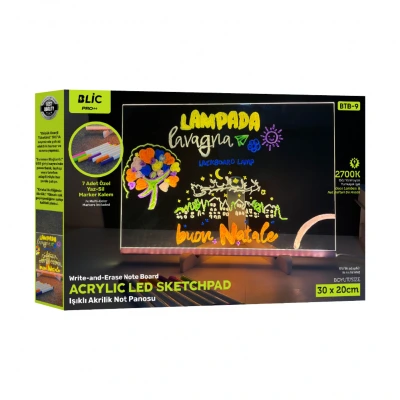 Blic BTB-9 Akrilik Led Not | Çizim Panosu | 30x20 cm | 7 x Renkli Silinebilir Kalem