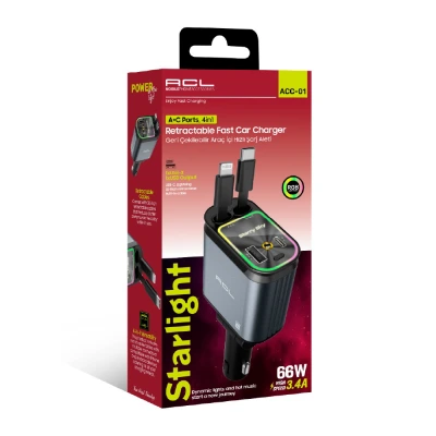 ACL ACC-01 RGB 66W 3.4A Hızlı Araç Şarjı | Makaralı Type-C ve Lightning Kablolu | Tavan Yıldız Yansıtma