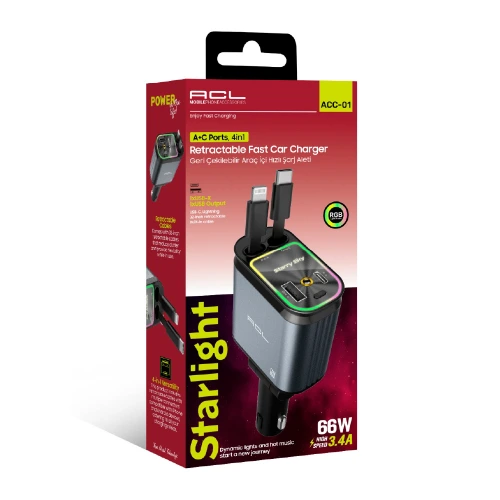 ACL ACC-01 RGB 66W 3.4A Hızlı Araç Şarjı | Makaralı Type-C ve Lightning Kablolu | Tavan Yıldız Yansıtma