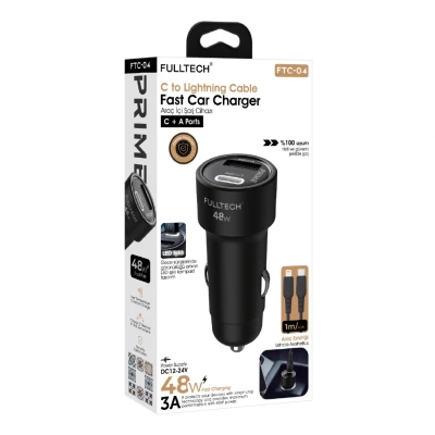 Fulltech FTC-04 PD Lightning Kablolu Led Işıklı 48W 3A Hızlı Araç Şarjı | 18W USB-A Çıkış | 30W USB-C Çıkış