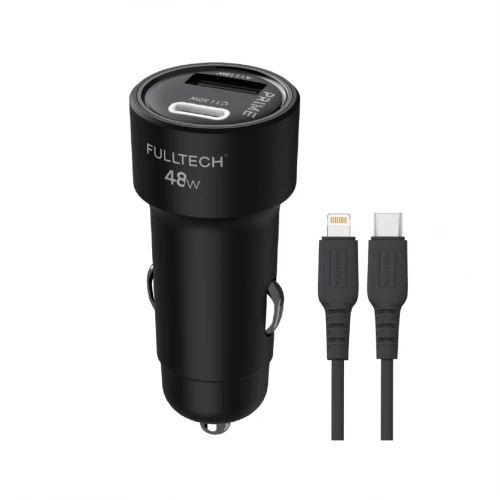 Fulltech FTC-04 PD Lightning Kablolu Led Işıklı 48W 3A Hızlı Araç Şarjı | 18W USB-A Çıkış | 30W USB-C Çıkış