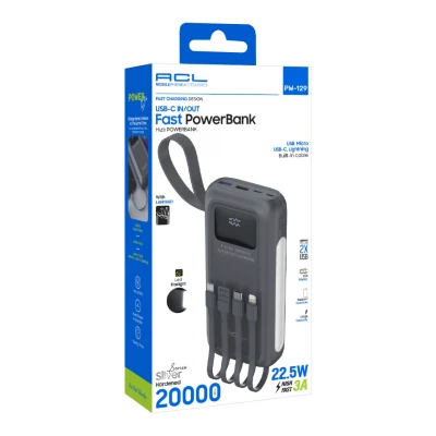 Acl PW-129 20000 Mah 22.5W 3A Powerbank | LCD Göstergeli | 4 Kablolu | Işıldaklı