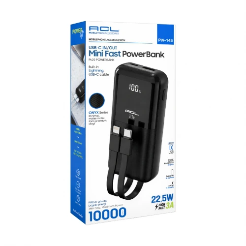 Acl PW-145 10000 Mah 22.5W 3A Powerbank | LCD Göstergeli | Kablolu